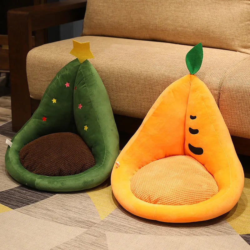 Kawaii plush fruit cushion in avocado colour on a chair, 50x48x45cm, with soft textured cover and non-slip base