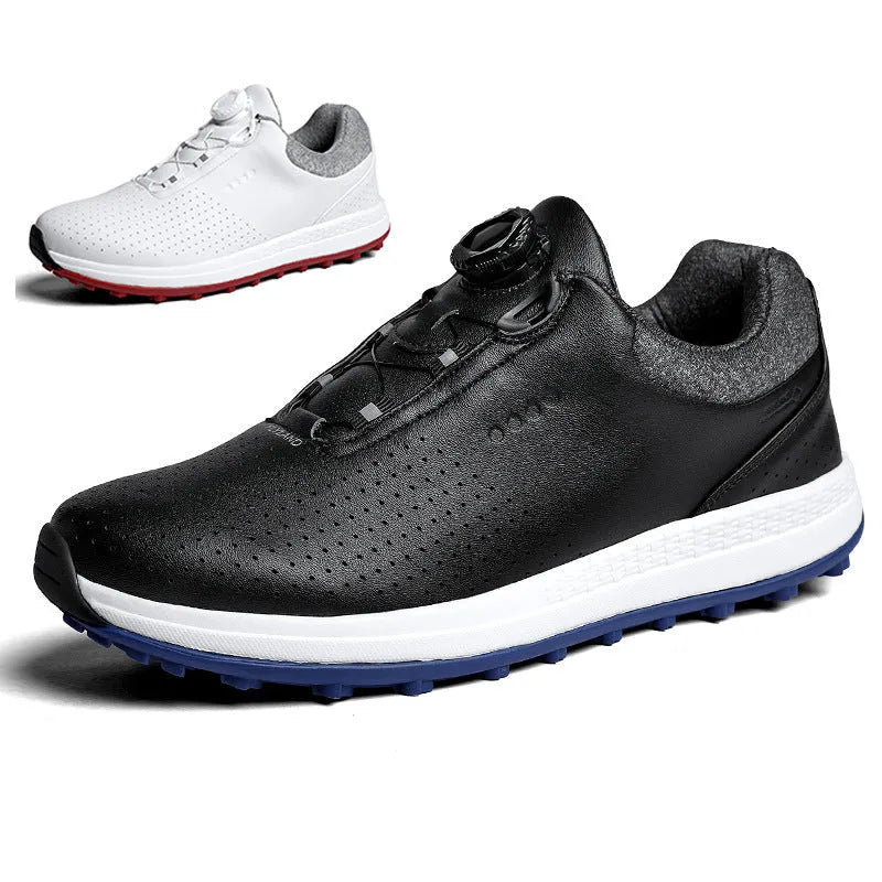 Men's white and black casual low-top golf shoes with breathable upper and traction sole.