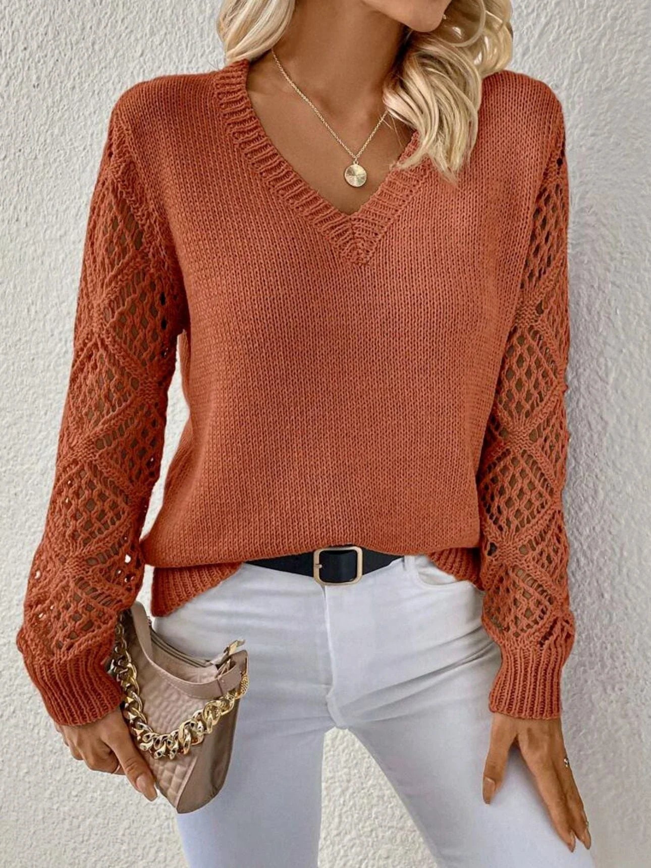 Stylish V-Neck Pullover Sweater with Unique Cutout Sleeve Design in Variety of Color Options