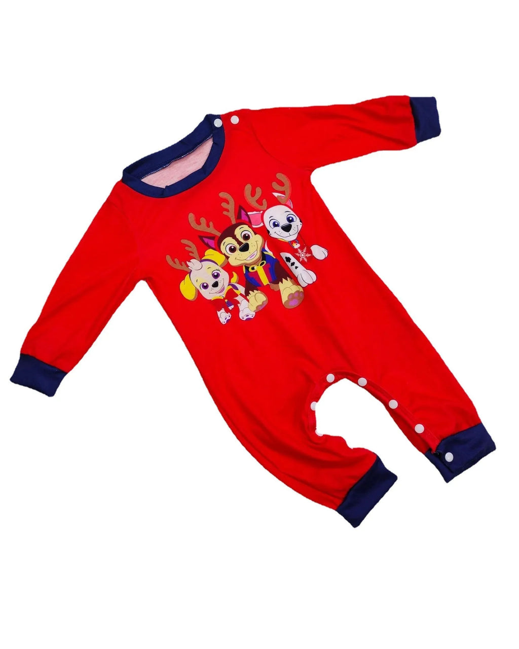 Matching red plaid Christmas pyjamas with cartoon deer print for men, women, children, babies, and dogs.