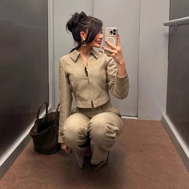 Women's herringbone pattern suit set with 3D embroidery jacket and trousers