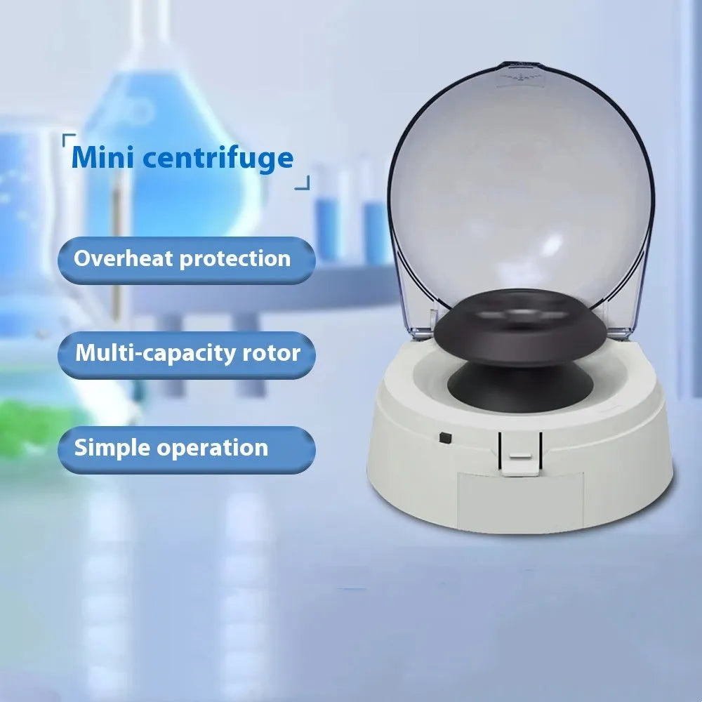 Compact mini laboratory centrifuge on a benchtop with dimensions 157mm by 170mm