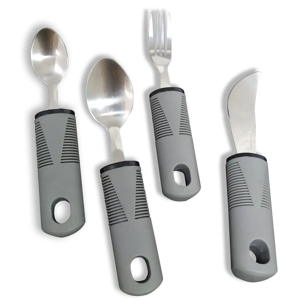 Stainless steel adaptive cutlery with curved rubber handles for tremor support in black and grey options