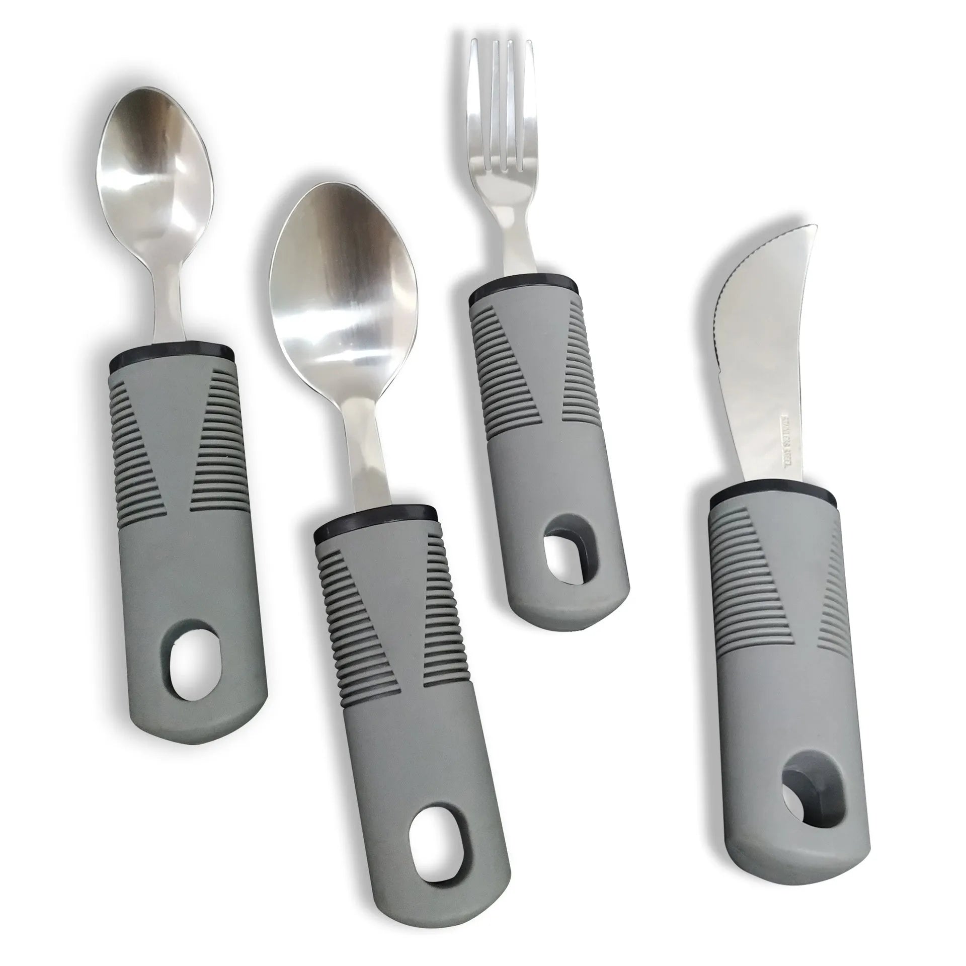 Stainless steel adaptive cutlery with curved rubber handles for tremor support in black and grey options