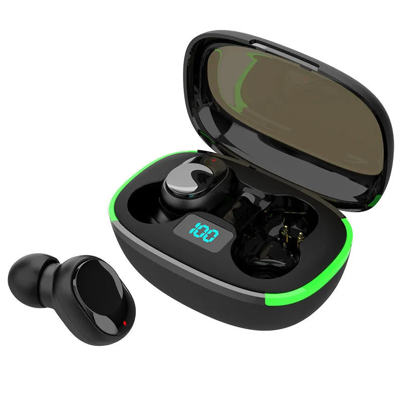 Black Y80 wireless Bluetooth in-ear earphones showing digital power display screen