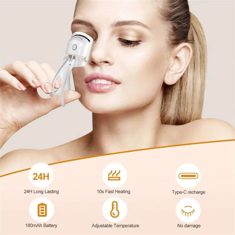 White USB heated eyelash curler with dual temperature buttons and safety insulating slots.