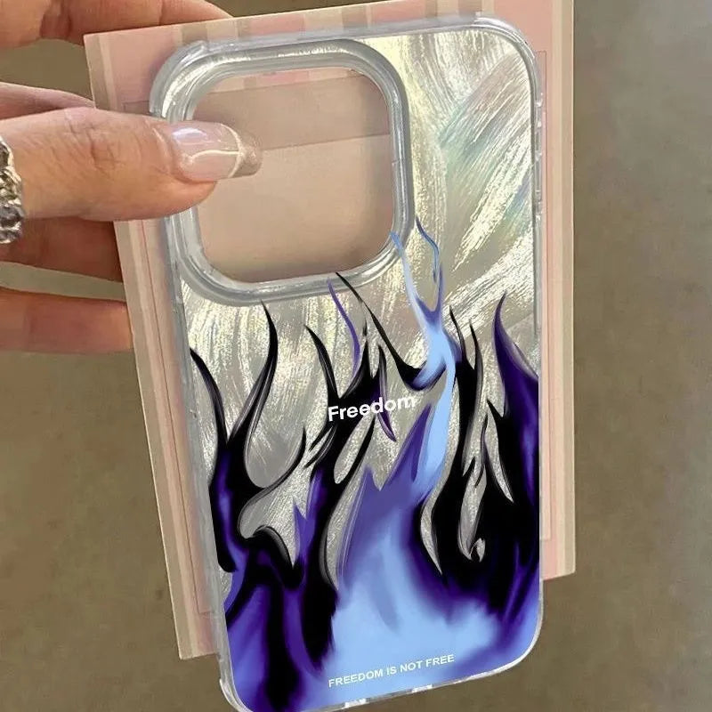iPhone silicone phone case with blue flame design showing all-inclusive protection