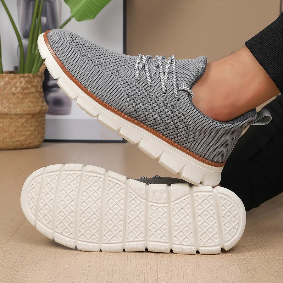 Men's grey and black mesh fabric casual sneaker with round toe design