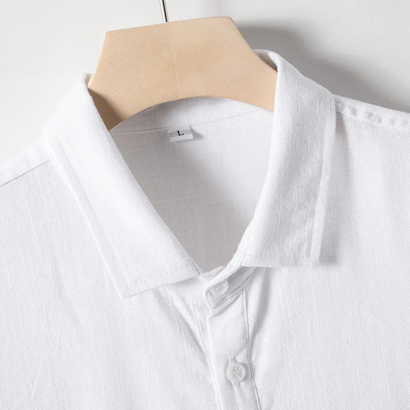 Men's loose lapel short sleeve t-shirt in hemp blend linen fabric, shown in solid colour.