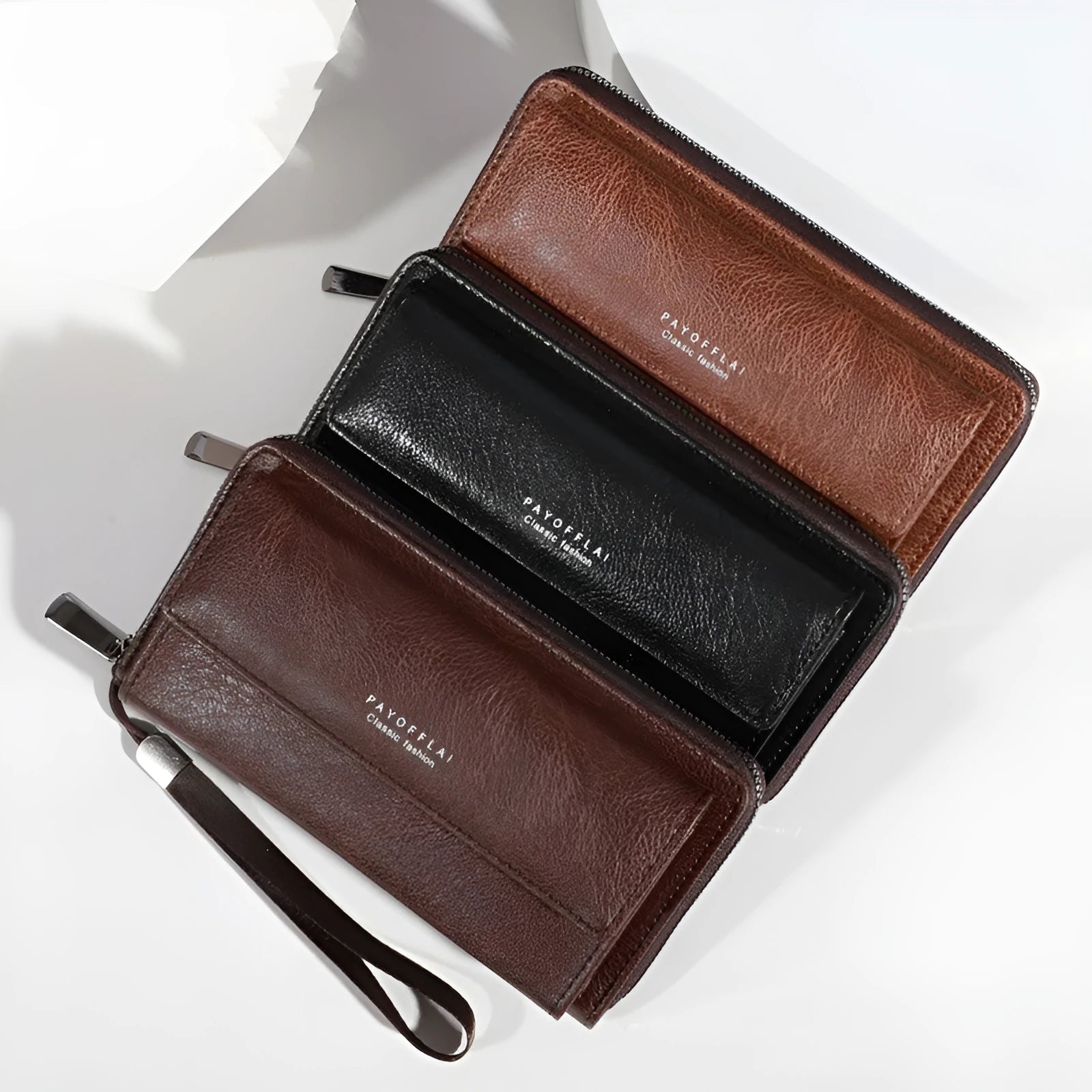 Men's black or brown PU long wallet with multiple card slots measuring 19x10.5x4cm