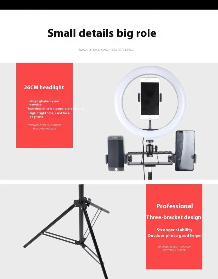 2.1m tripod floor stand with cross bar tray, three-phone holder, and microphone rod for live streaming