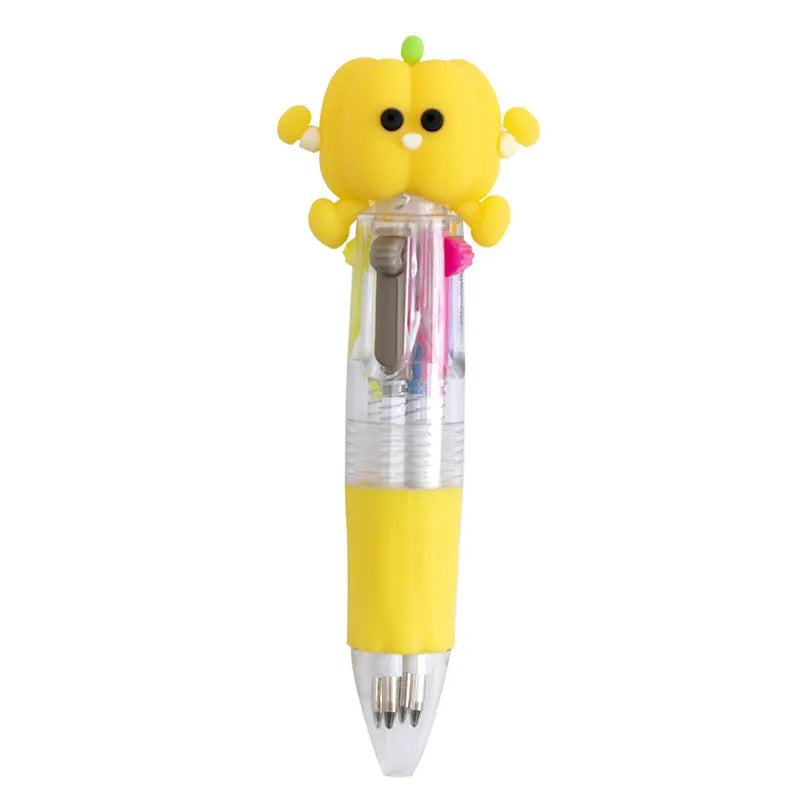 Four-colour press ballpoint pen with cartoon design showing cactus, fast food, fruits, heart wings, or seahorse themes