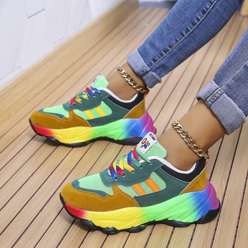 Women's thick sole front lace-up sneakers in colour block green and blue with round toe and rubber sole