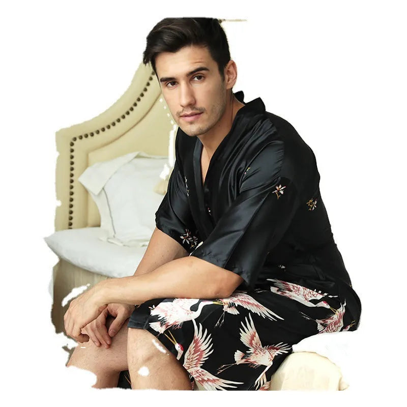 Men's mid-length artificial silk nightgown in cardigan style, black colour, size M-3XL