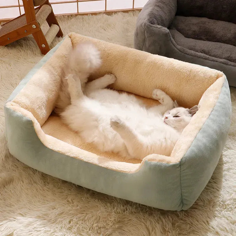 Short plush cat bed cushion shown in multiple sizes and colour options including black, coffee, grey, green and pink