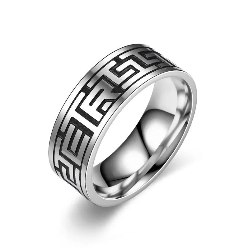 Titanium steel ring with carved Great Wall pattern, colour-changing finish, unisex antique style, 8mm width