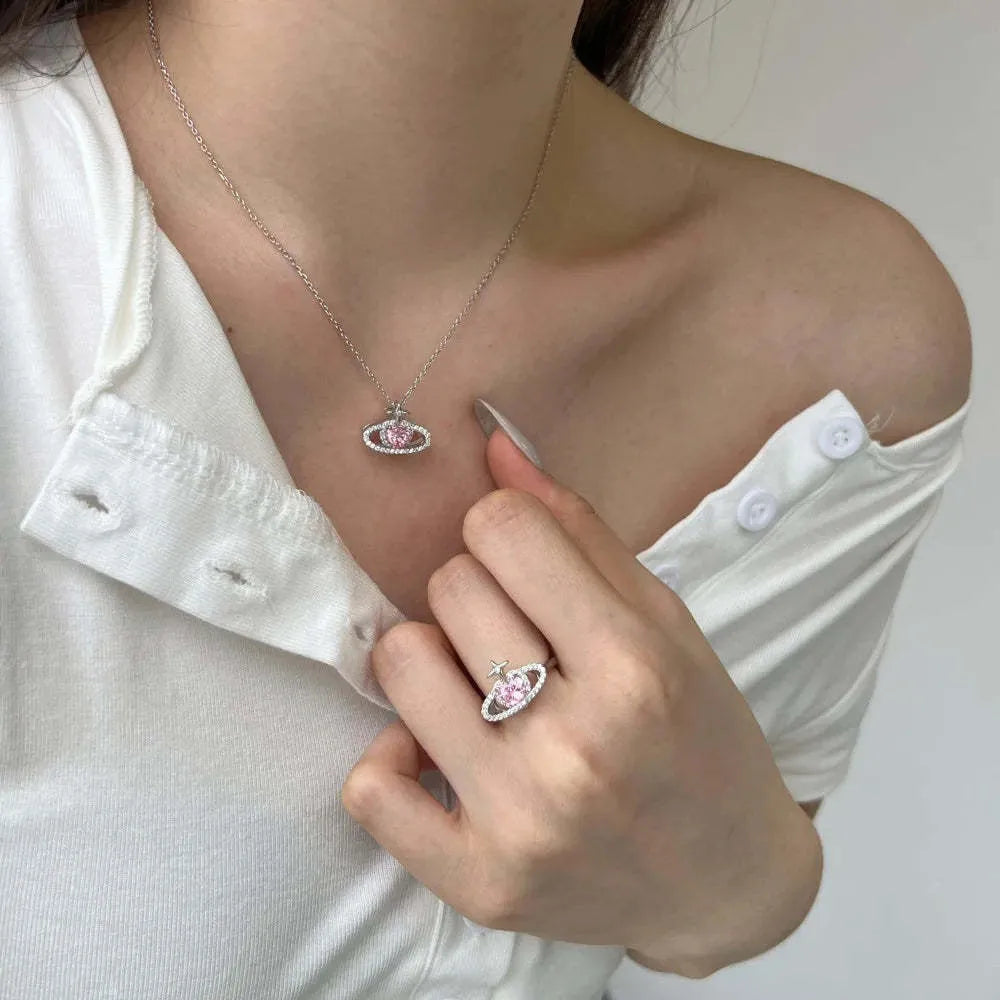 925 silver heart pendant necklace with pink zircon inlay on clavicle chain
