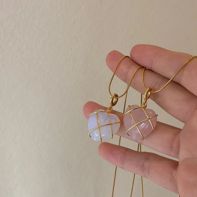 Heart-shaped moonstone pendant necklace on copper chain with electroplated real gold finish
