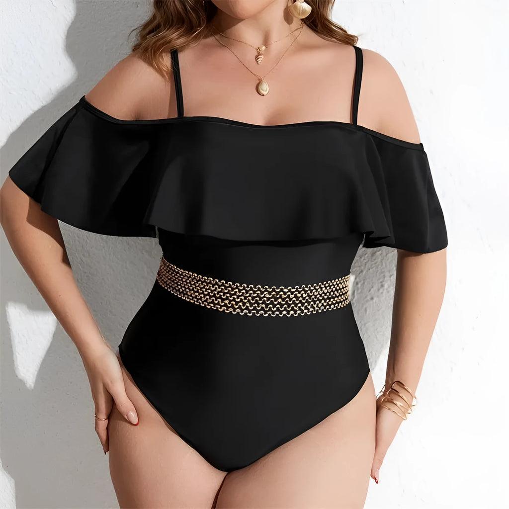 Black women's one-piece swimsuit on hanger showing front and back views