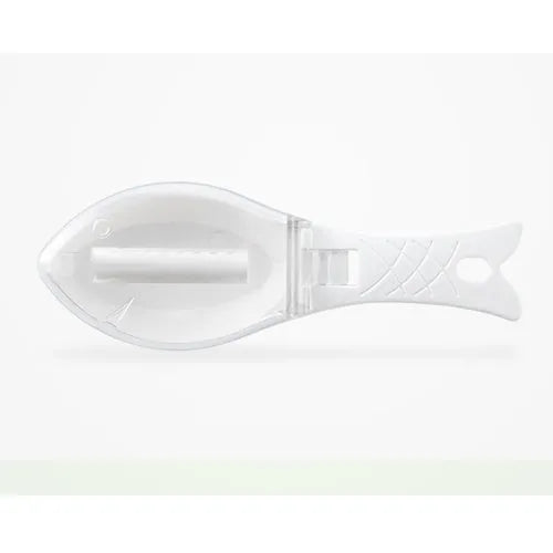 Fish-shaped scale scraper with cover in white, green, or blue colour options