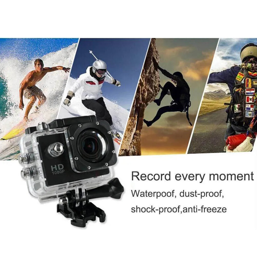 HD 1080P waterproof action sports camera in black with 140-degree wide-angle lens and 30m depth rating