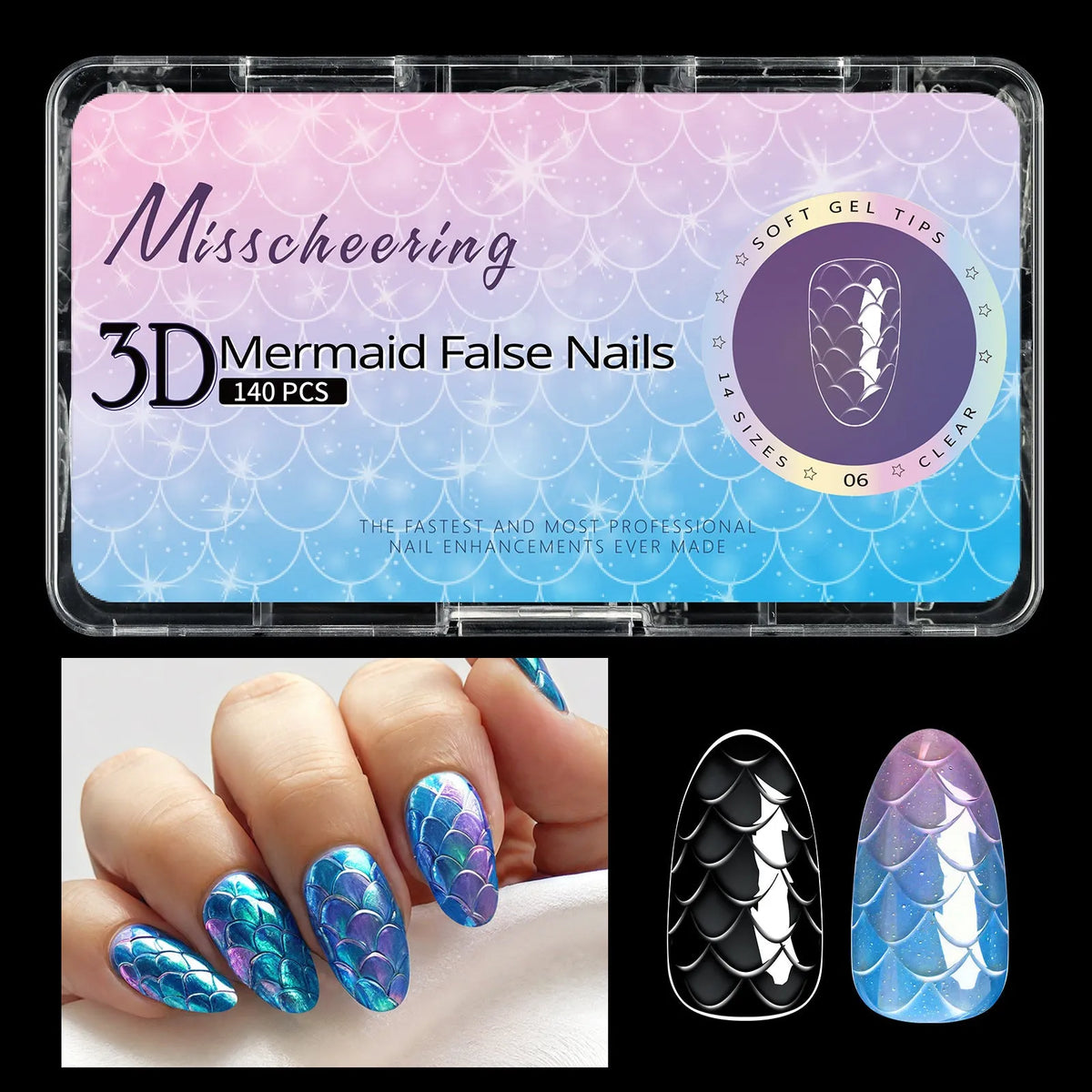 3D scale long shaping nail tips in multiple colour sets for professional nail extensions