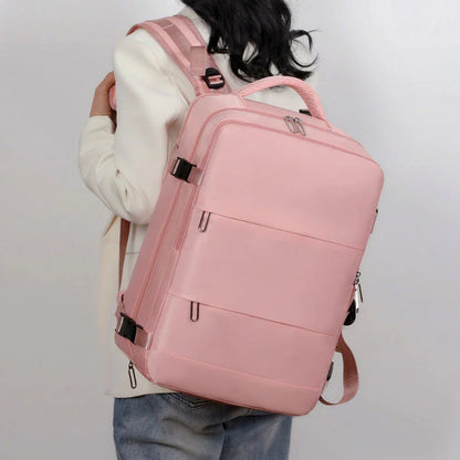 Stylish women's travel backpack with large capacity, separate wet and dry compartments, and a sleek, minimalist design