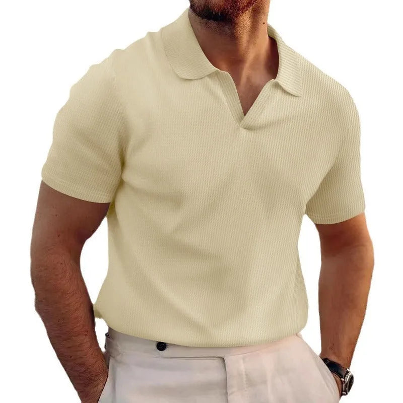 Men's slim-fit waffle weave t-shirt with lapels collar in solid colours