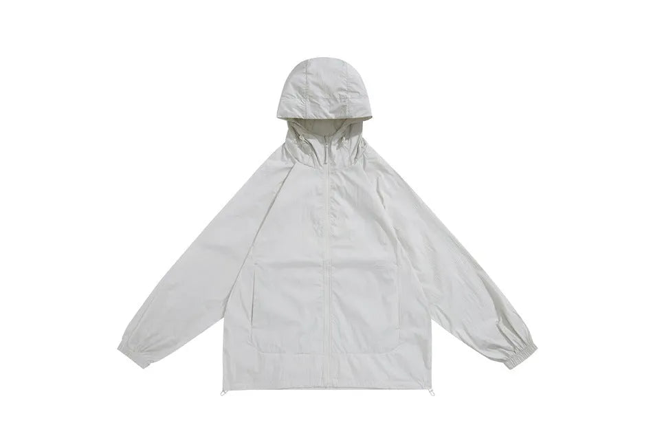 Men's thin hooded sports coat in chemical fibre blend fabric with straight hem and slit pockets
