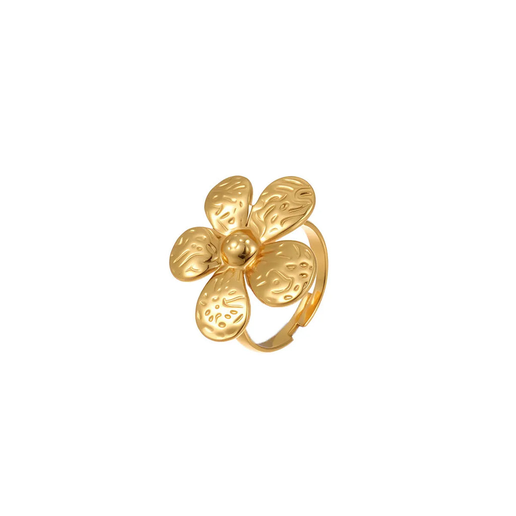 Stainless steel ring with geometric and flower pattern in open design, electroplated finish, one size