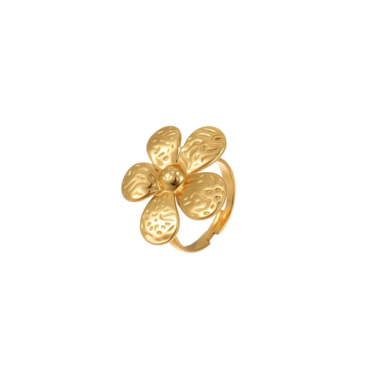 Stainless steel ring with geometric and flower pattern in open design, electroplated finish, one size