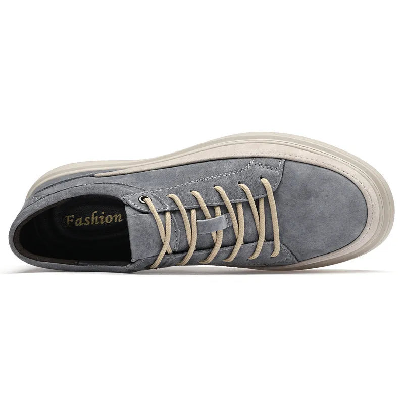 Men's grey casual leather sports shoes with rubber sole and lace-up front