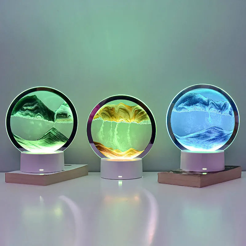 Quicksand hourglass lamp with colourful touch light and USB socket on a desktop
