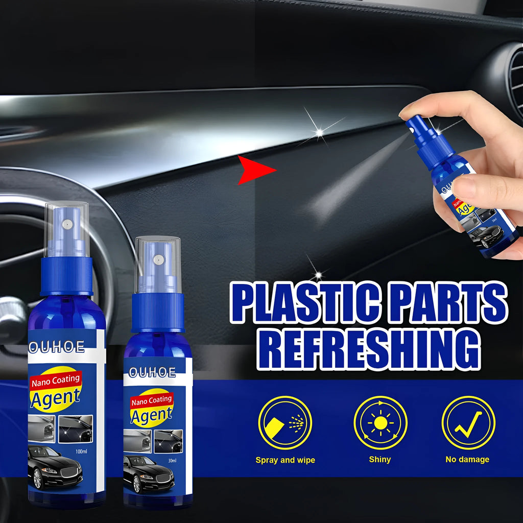 Car plastic interior renovation spray bottle with yellow sponge applicator for dashboard and trim restoration