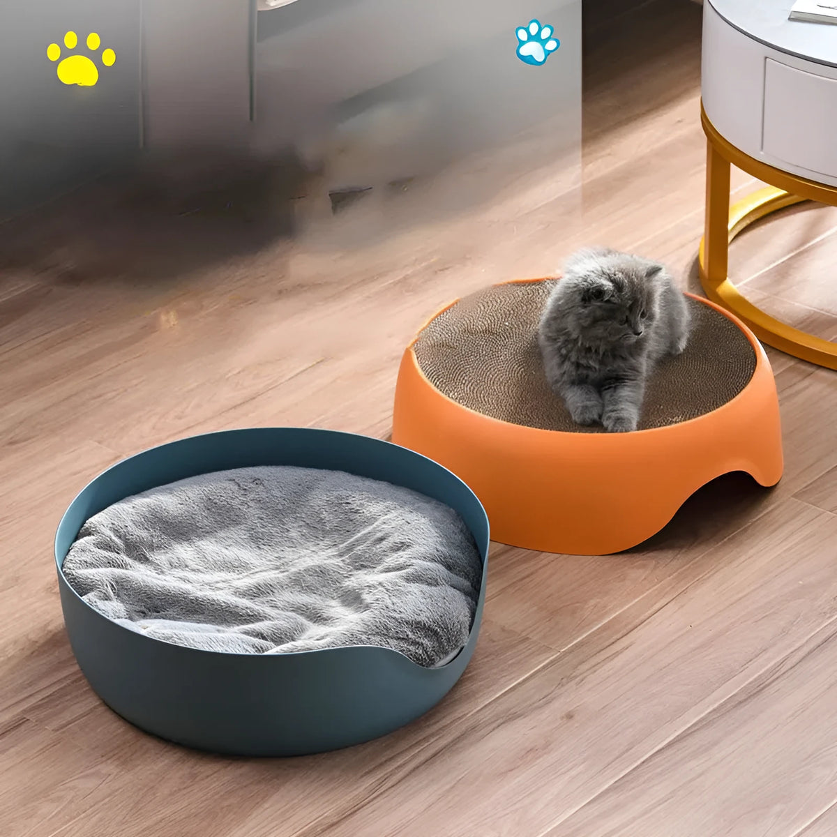Cat nest scratching bowl with thick plush mat in blue, green, and orange for all-season use