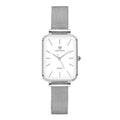 Women's rose gold or silver waterproof watch with woven steel strap and analogue dial.