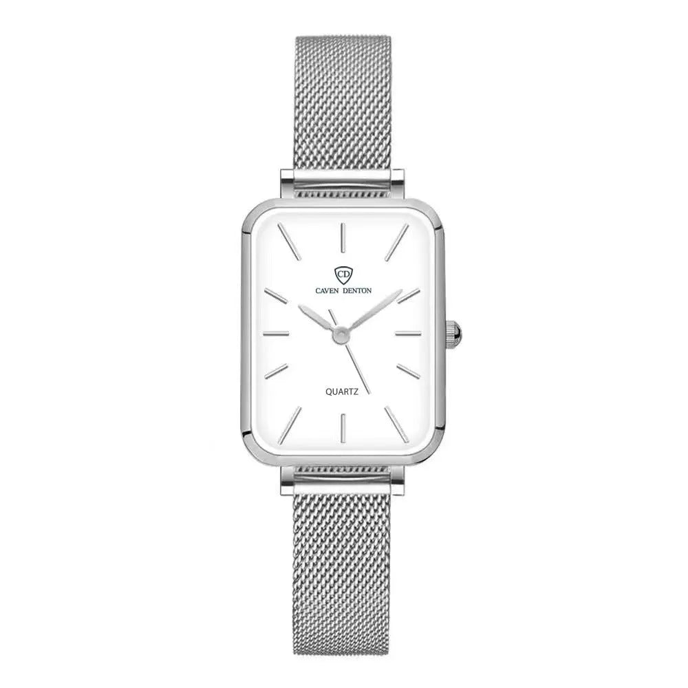 Women's rose gold or silver waterproof watch with woven steel strap and analogue dial.