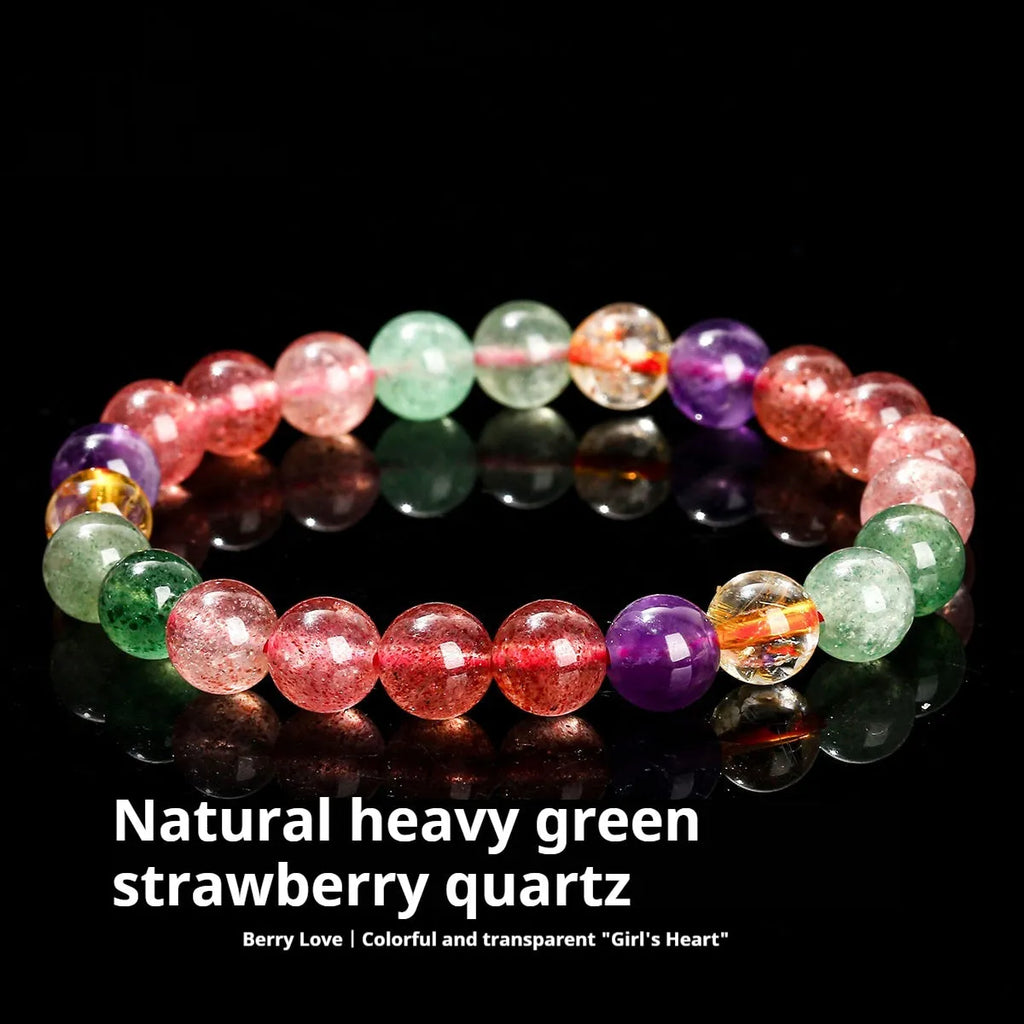 Natural tourmaline colour strawberry quartz bracelet with round geometric beads.