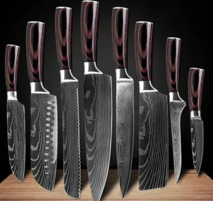 Premium Damascus kitchen knife set with elegant storage box, featuring high-carbon stainless steel blades and color-treated wood handles