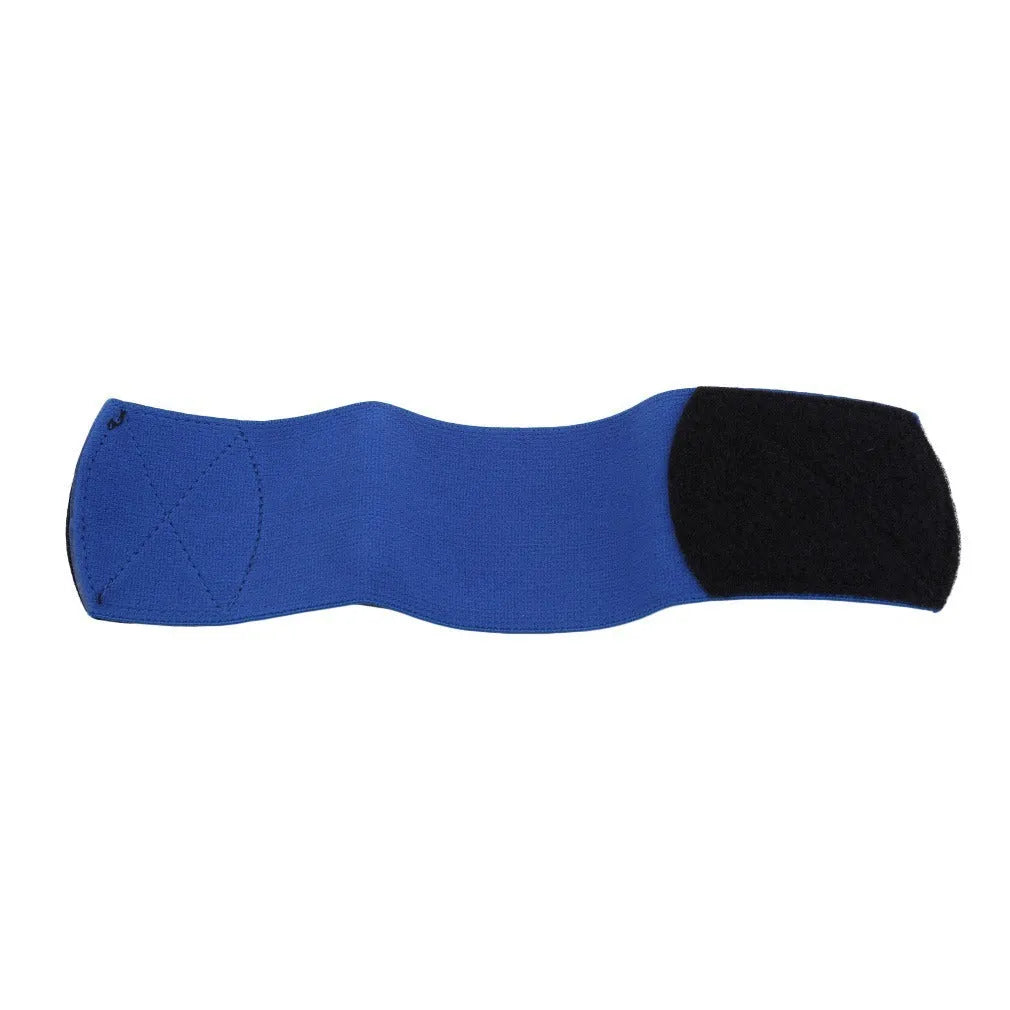 Adjustable red rubber football shin guard belt strap securing a shin pad