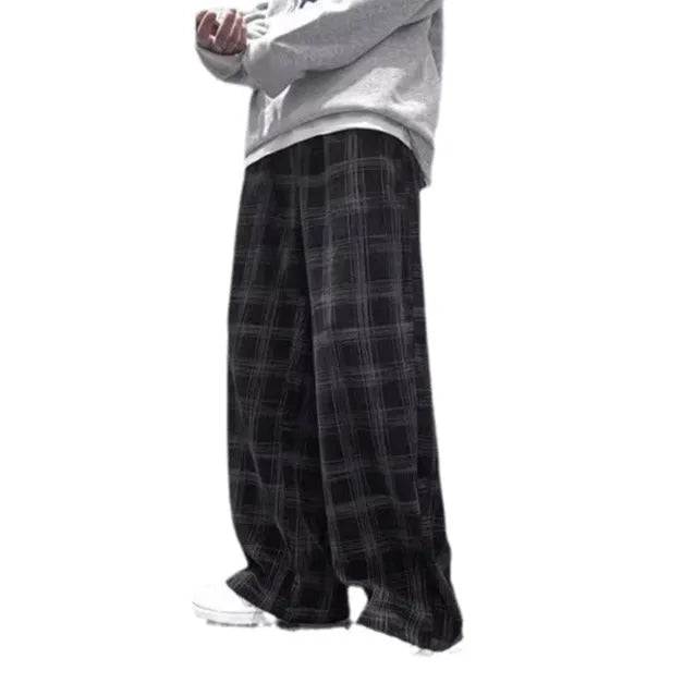 Japanese retro plaid loose pants in straight-leg cut, available in black or green