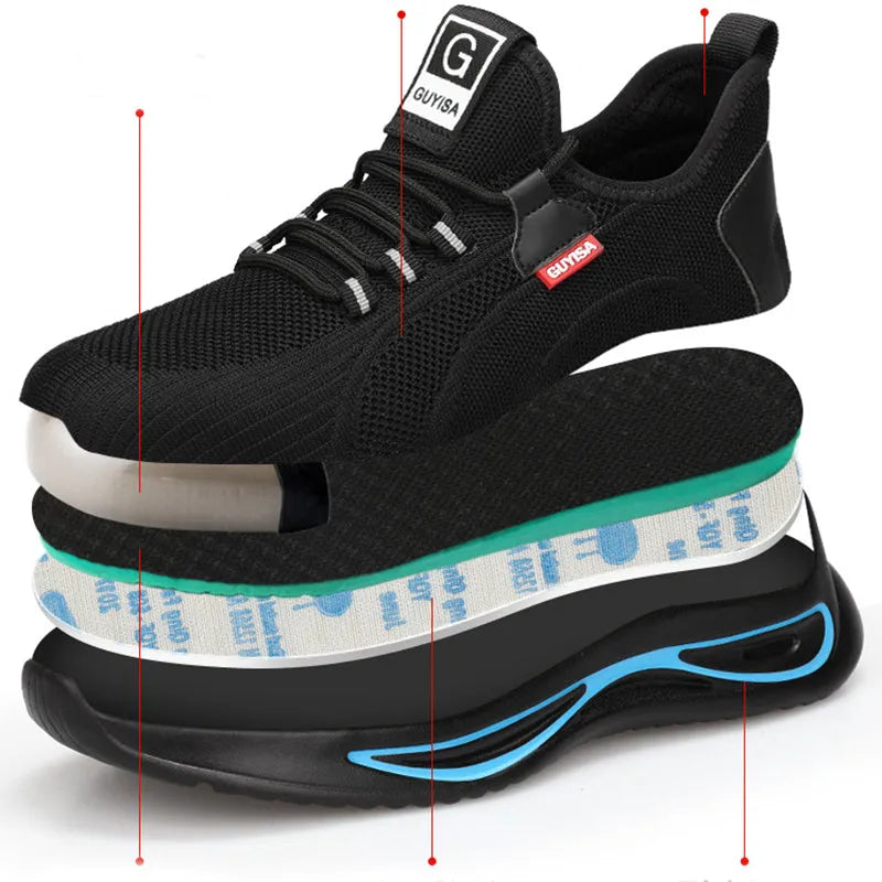 Steel toe work safety shoes for men, black blue trim, fly weaving upper, Kevlar midsole, PU nonslip sole, low top, sizes 39-44.
