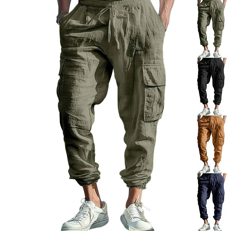 Men's linen casual trousers with ankle ties and multiple pockets in solid colour