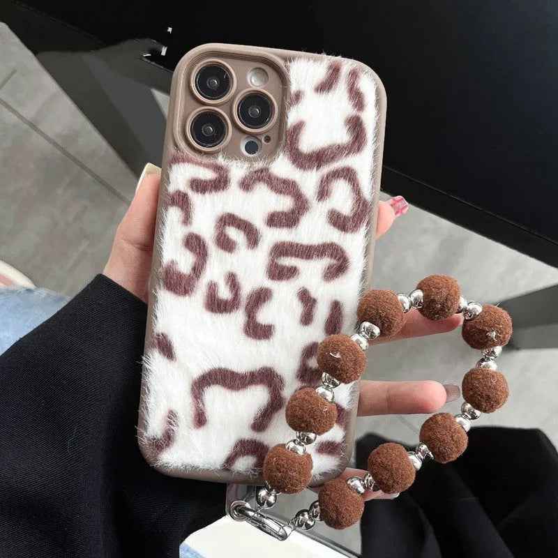 Leopard print plush silicone phone case with chain bracelet for Apple iPhone, shockproof all-inclusive cover in brown, black or beige