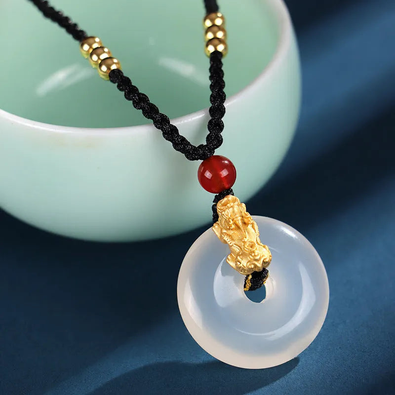 999 silver brave troops necklace with white agate peace buckle pendant and safety buckle closure