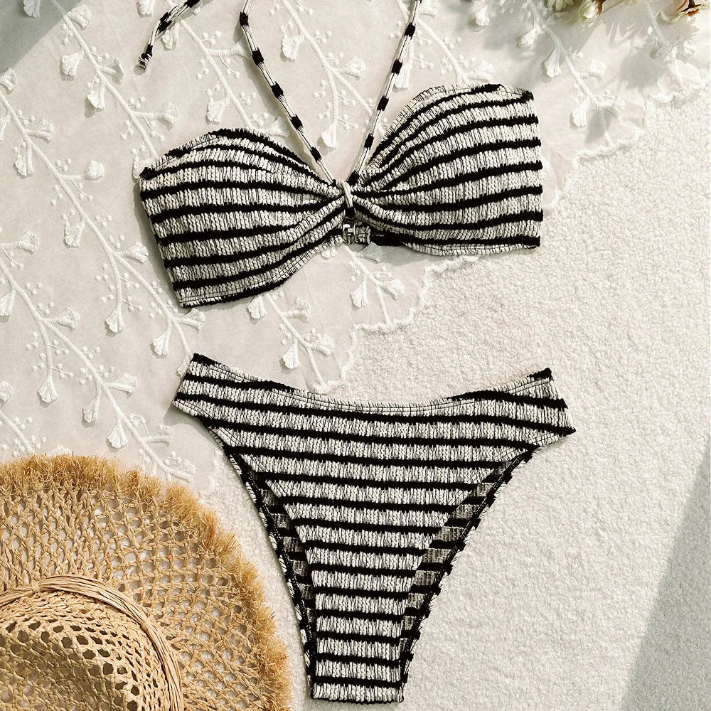 Women's pink and black striped printed bikini swimsuit, briefs style