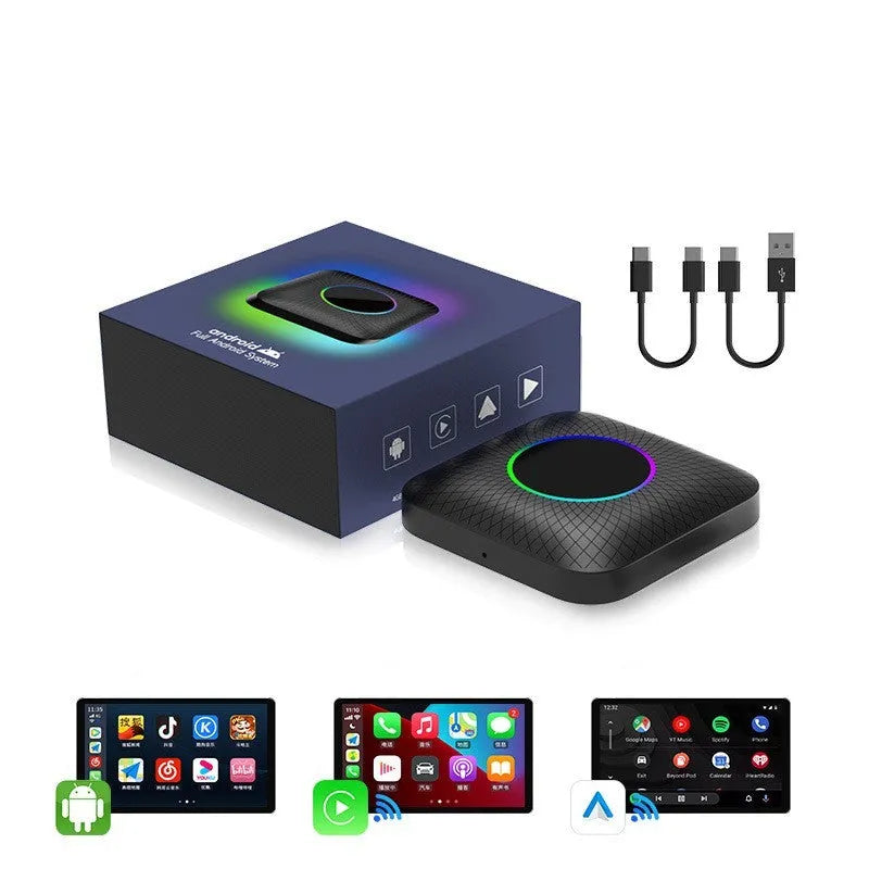 Black car wireless conversion box with data cables for wired CarPlay and Android Auto systems.