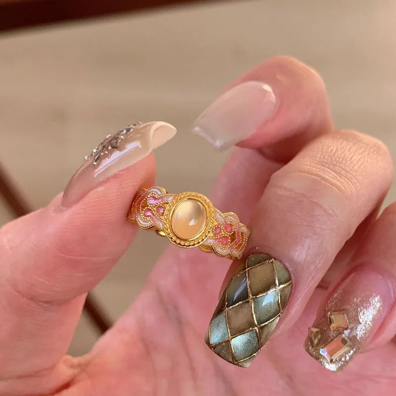 Pink crystal enamel open mouth ring with geometry shape design on copper gold plating