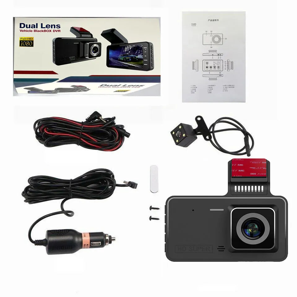 4-inch touch screen dual lens dash cam with adhesive mount for car dashboard