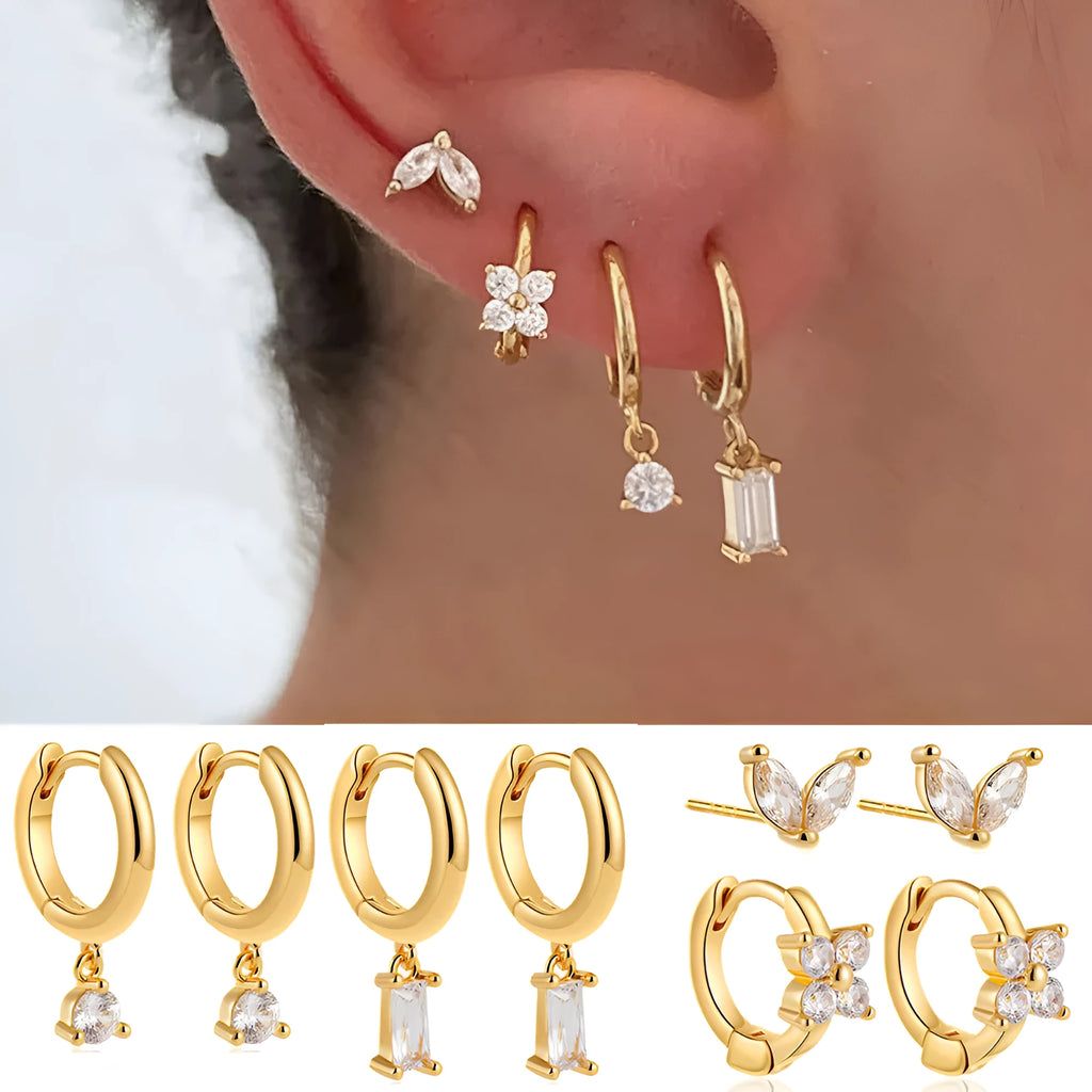 Geometric square zircon four-piece earrings for women with gold electroplated finish on copper